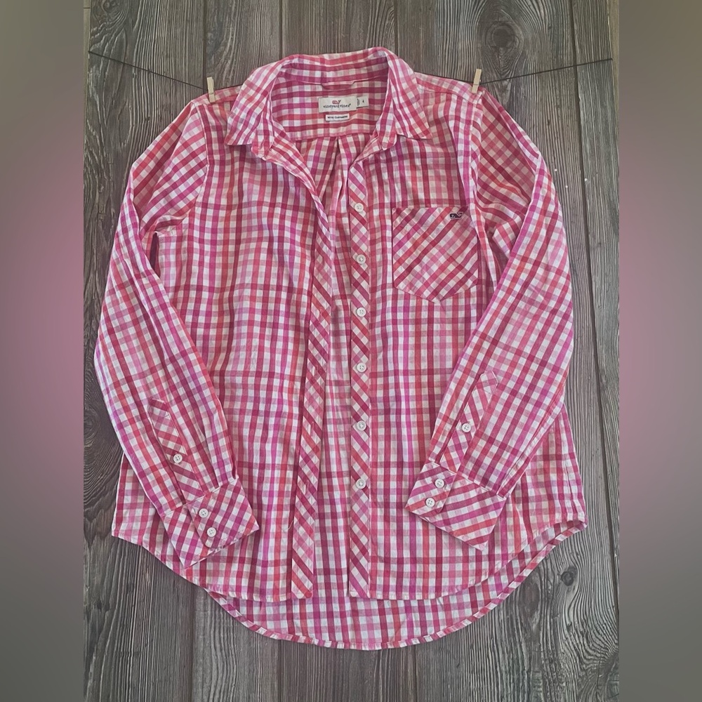 Vineyard Vines Pink and White Plaid Shirt